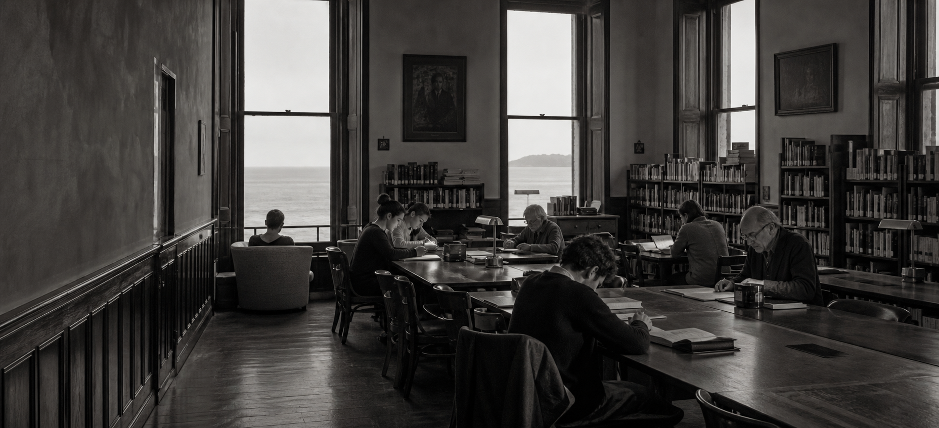 Personas leyendo y escribiendo en una biblioteca