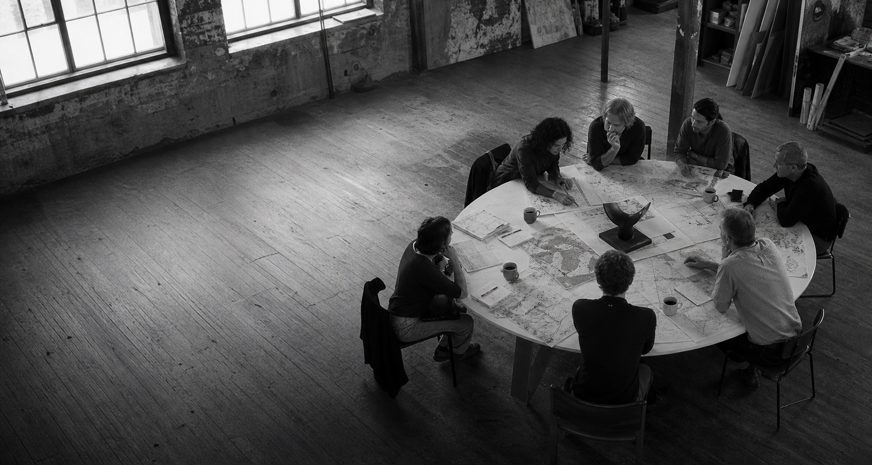 Personas reunidas en torno a una mesa de trabajo creativo